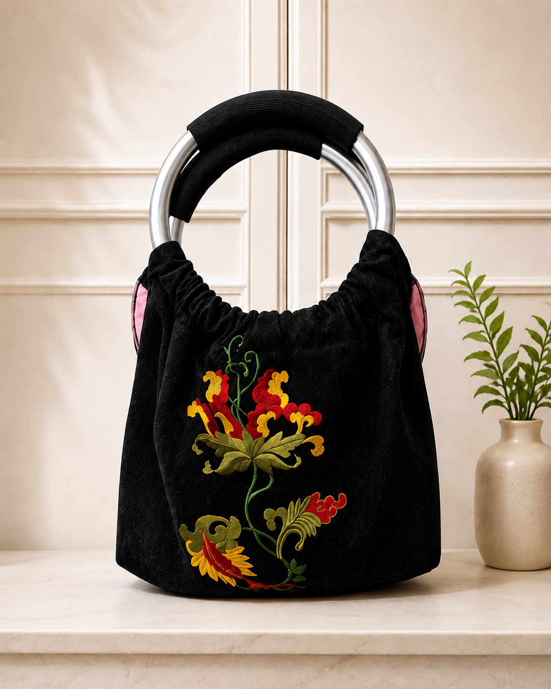 Handcrafted floral embroidered ring bag