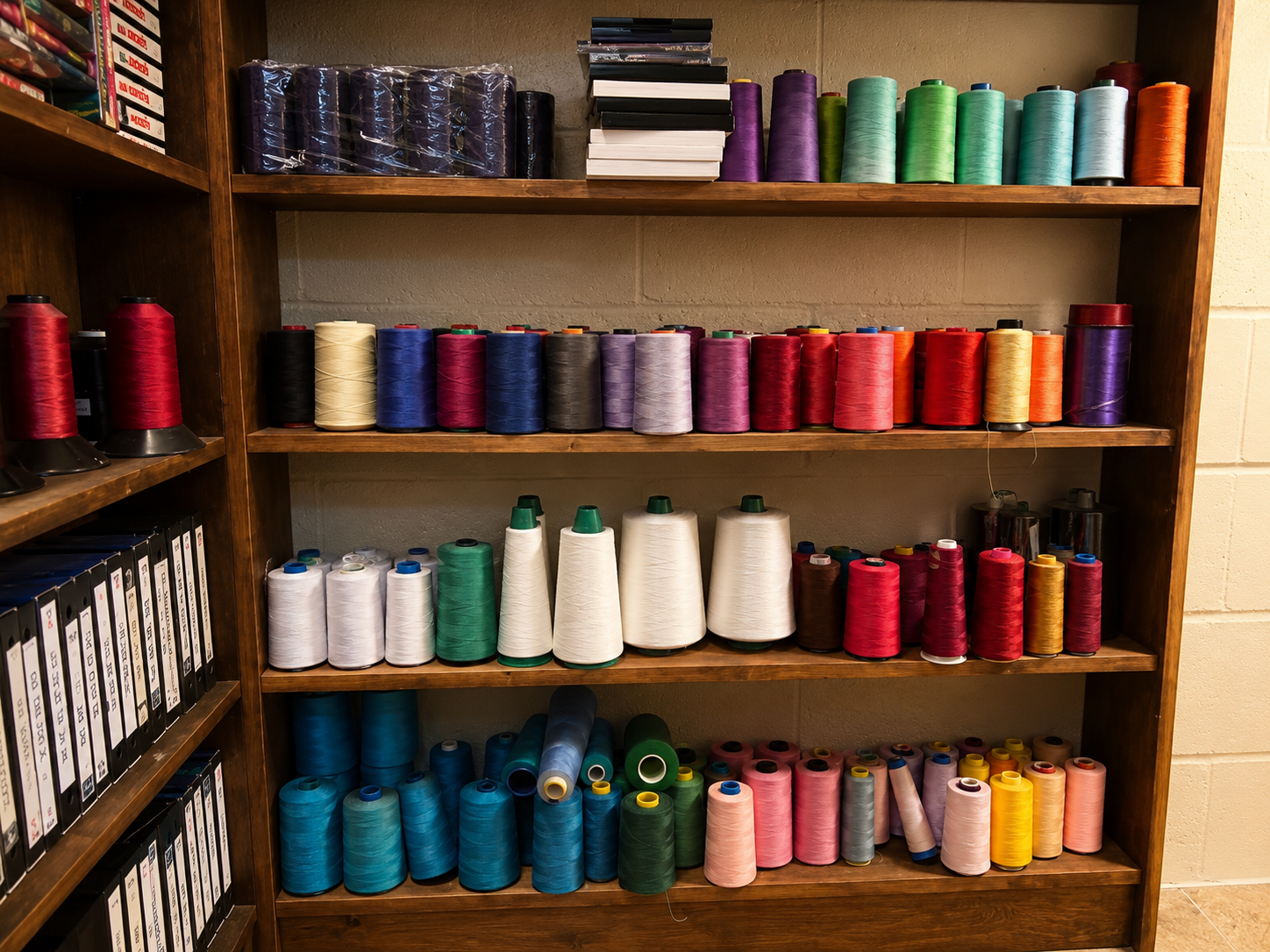 Large collection of colorful sewing thread